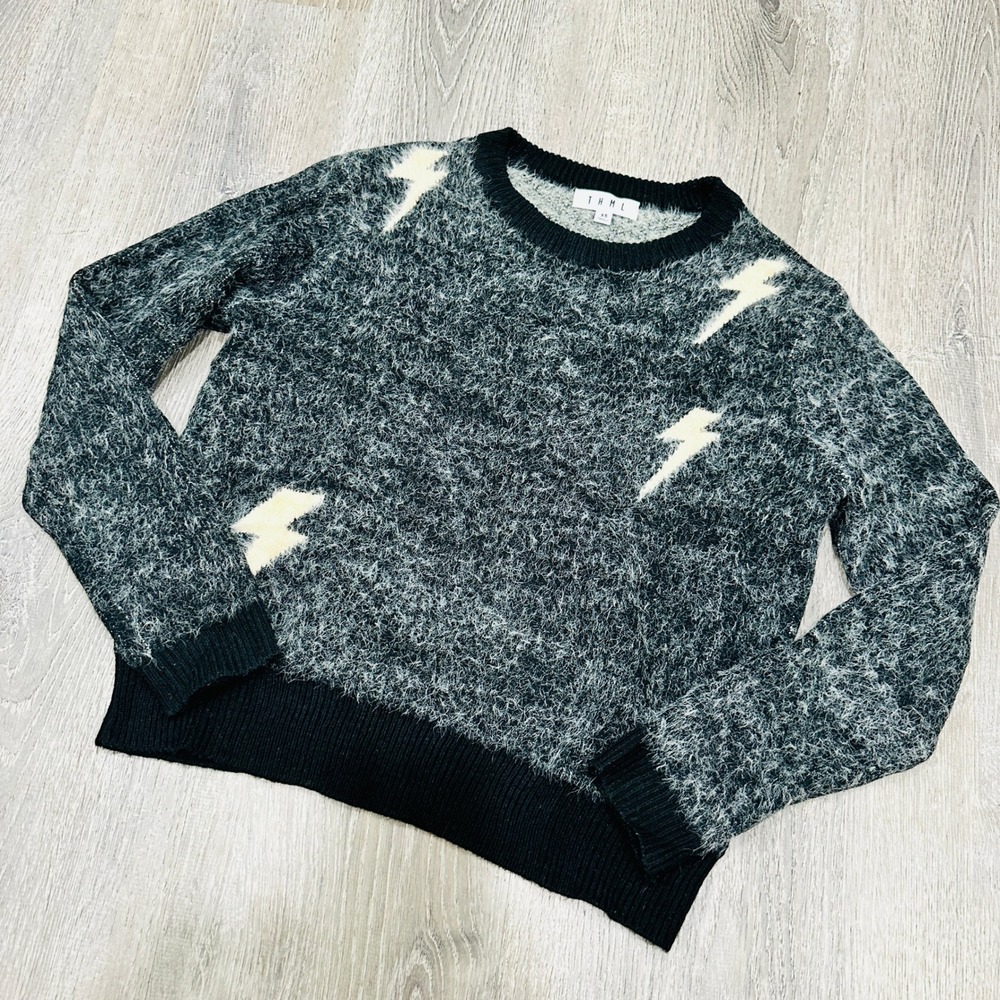 THML Womens XS Lightning Bolt Fuzzy Knit Sweater Black Charcoal Crew Neck TMK817
